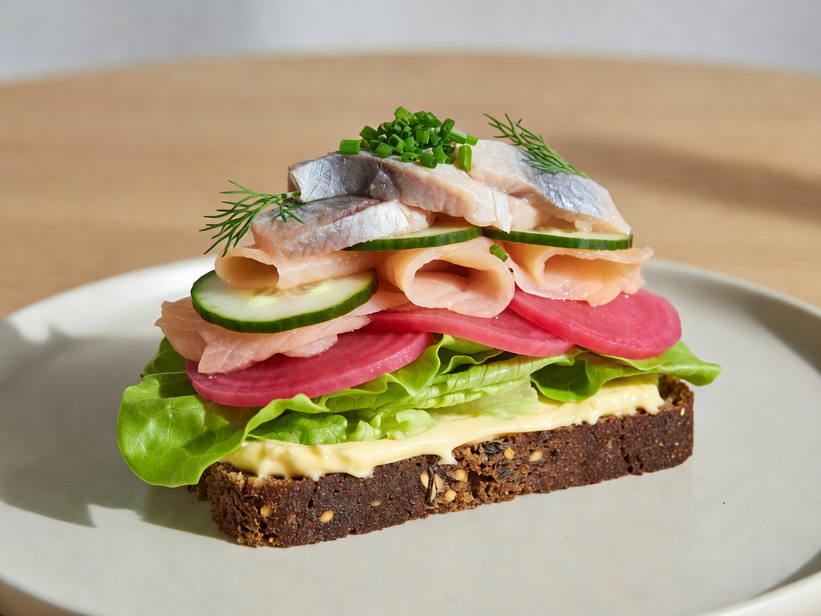 Artfully layered Danish open-faced sandwich on dark rye bread