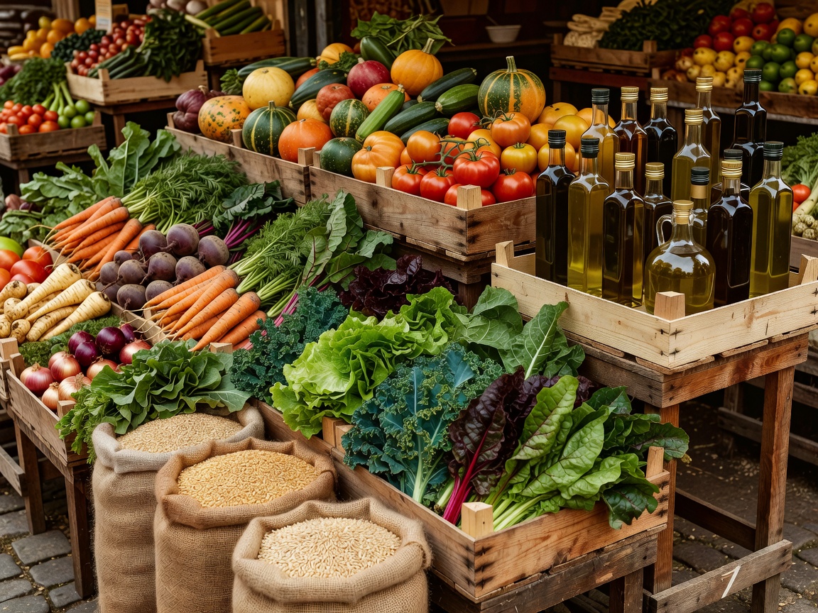 Assorted European market vegetables, grains, and olive oils arranged in wooden crates