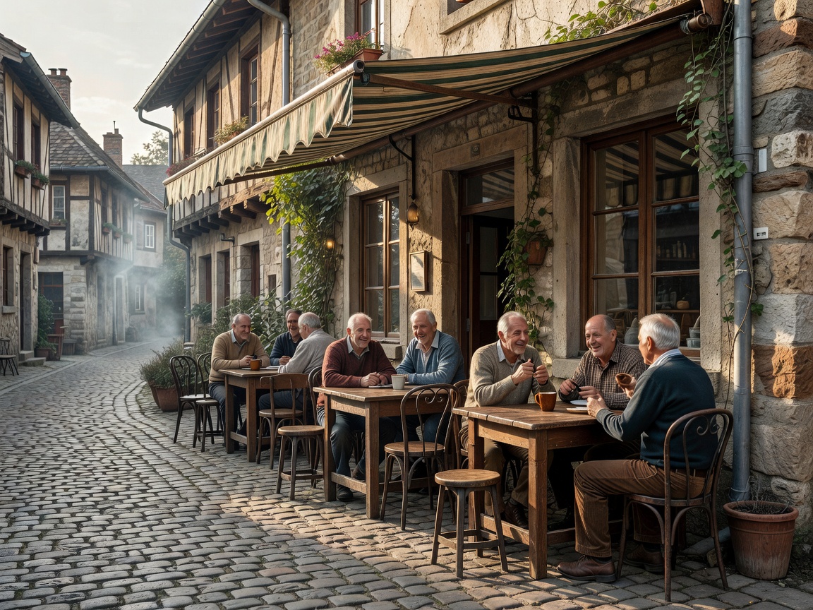 Authentic local neighborhood tavern terrace on cobblestone street in Europe