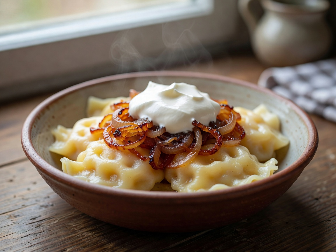 Handmade boiled Polish dumplings topped with browned onions and sour cream