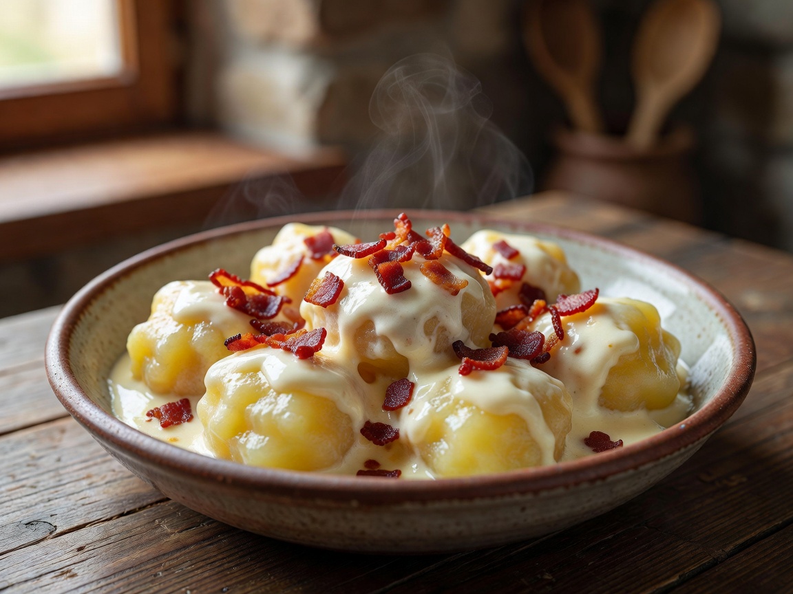 Potato drop dumplings coated in creamy sheep cheese with crisp bacon bits