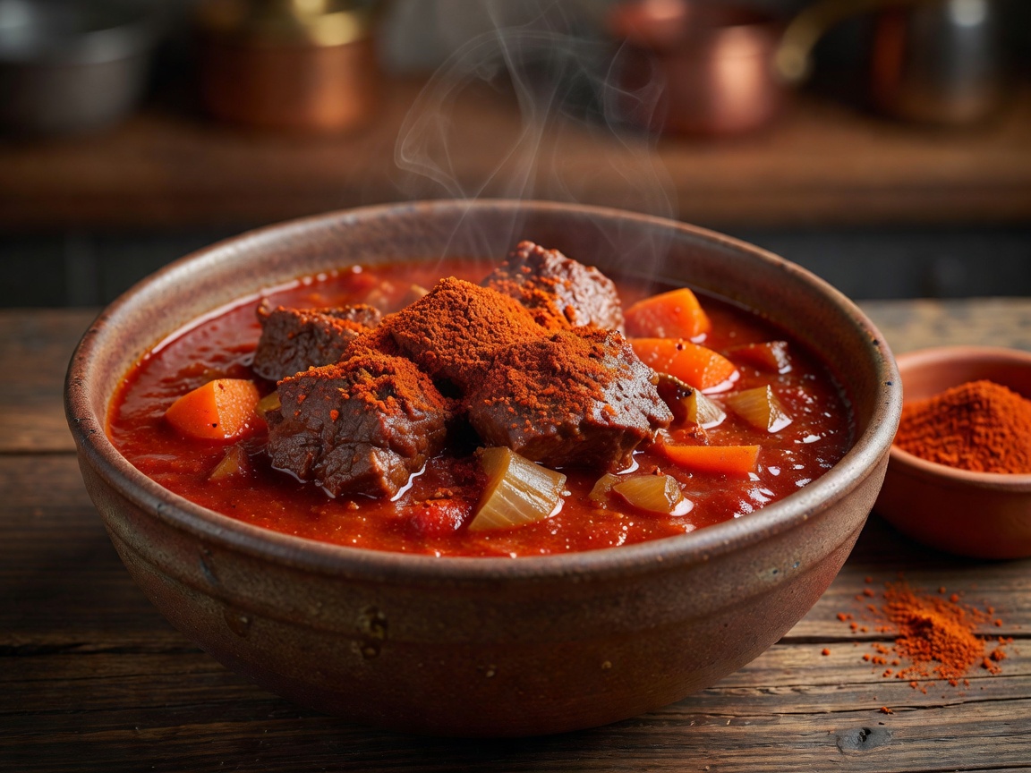 Rich red beef stew in ceramic bowl with Hungarian paprika