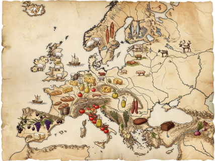 Rustic map illustration representing regional food zones in Europe