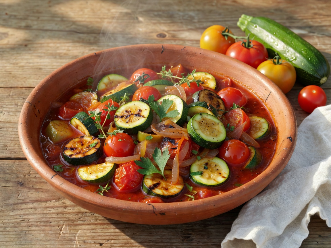 Simmered Mediterranean summer vegetable stew with zucchini and tomatoes