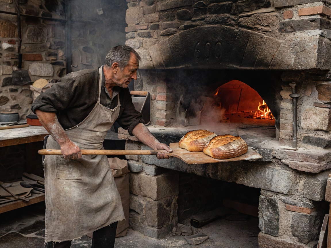 Traditional European baker pulling sourdough bread loaves from stone wood-fired oven
