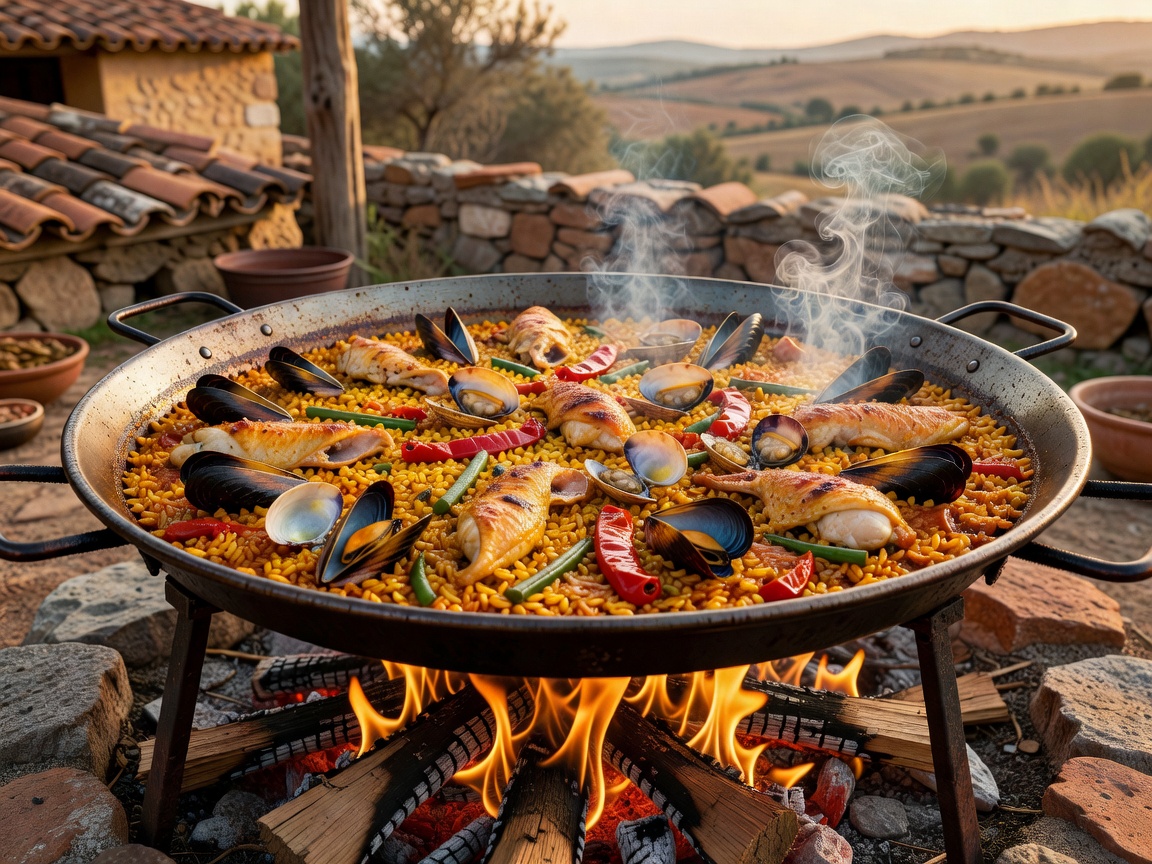 Traditional Spanish rice dish cooked in wide flat steel pan