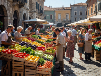 Vibrant outdoor European fresh food market with produce crates